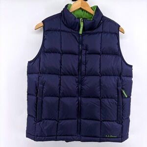 LL Bean Goose Down Puffer Vest Navy Blue Lime Green Full Zip Womens Small 0HMN9